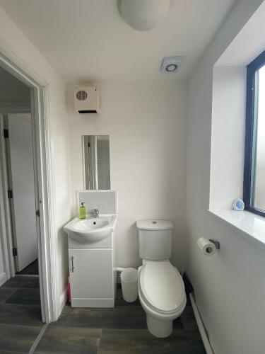 a white bathroom with a toilet and a sink at Spacious 1 Bedroom Apartment with free parking in Wednesbury