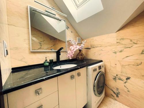 uma casa de banho com um lavatório e uma máquina de lavar roupa em Marble Apartament em Zamość