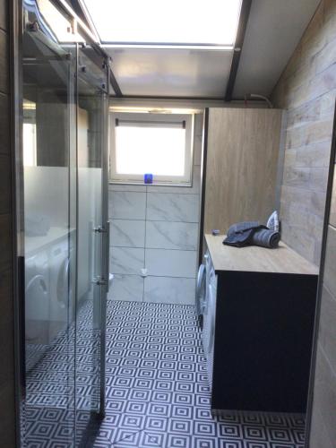een kleine badkamer met een douche en een wastafel bij 3 rue Barthélémy in Cherbourg en Cotentin