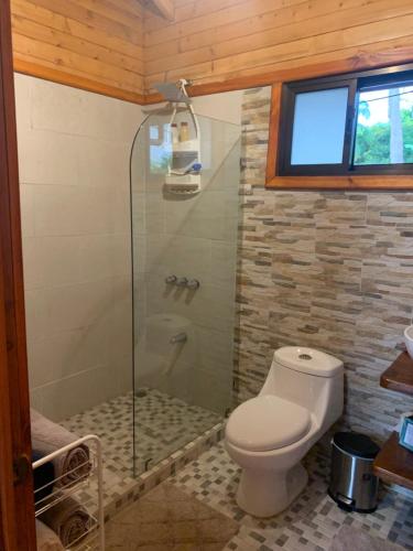 a bathroom with a toilet and a glass shower at Pura Vida Cabinita in Uvita
