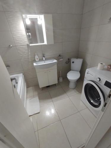 y baño con lavadora y aseo. en Complex Garsoniere FUNDENI, en Bucarest
