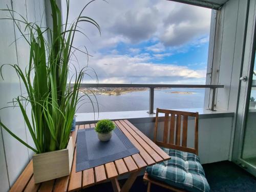 a table with plants on a balcony with a view of the water at Traumblick! Mitten im Wasser, dem Himmel ganz nah! in Schleswig