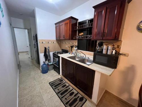 a kitchen with a sink and a stove and cabinets at Colimar in San Felipe de Puerto Plata
