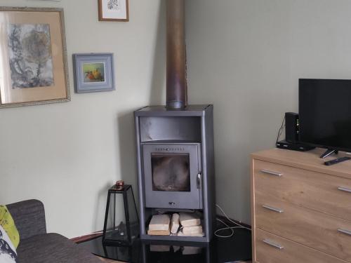 a fireplace in a living room with a tv at Tehnika 7 street apartments in Tallinn