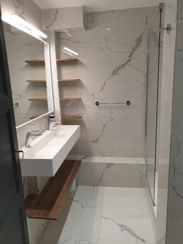 a bathroom with a sink and a shower at Vichy : Le 5e - Appartement design dans un ancien palace in Vichy