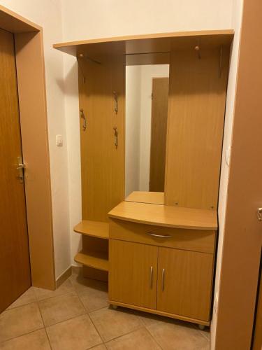 uma casa de banho com um armário de madeira e um espelho em KMETIJA KNAVS em Nova Vas