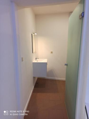 a white bathroom with a sink and a mirror at Loft cosi à proximité du centre géographique Belge in Gembloux