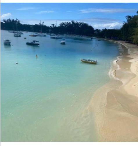 a group of boats in the water next to a beach at Grand Baie Beach Penthouse in Grand Baie