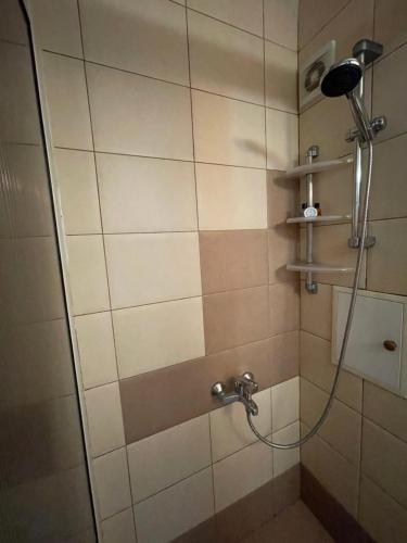 a shower with a shower head in a bathroom at Apartment George in Burgas