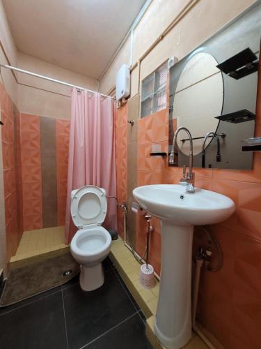 a bathroom with a white toilet and a sink at Residence Casablanca in Ambatoloaka