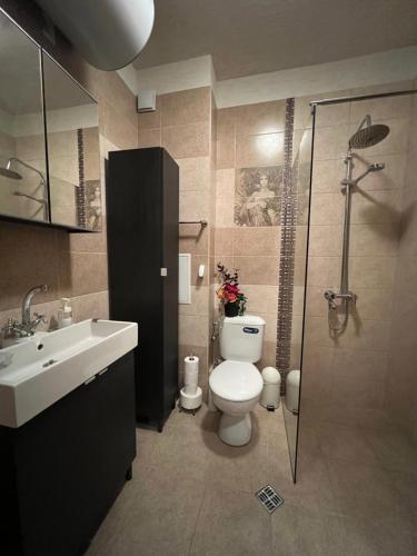 y baño con aseo, lavabo y ducha. en Business and Leisure apartments in Mladost 2 with FREE Garage en Sofía