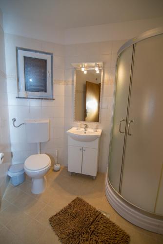 a bathroom with a toilet and a sink and a shower at Apartment Punta kriza 8082b in Nerezine