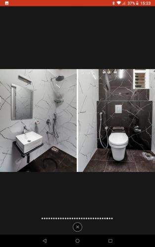 two pictures of a bathroom with a toilet and a sink at HOTEL SLN Homes in Bangalore