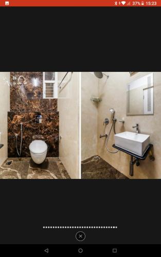 two pictures of a bathroom with a sink and a toilet at HOTEL SLN Homes in Bangalore