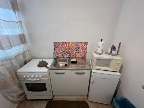 eine kleine Küche mit einer Spüle und einer Mikrowelle in der Unterkunft House Corso Calatafimi in Palermo