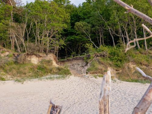 a view of a beach from a wooden fence at White & Black in Kołczewo