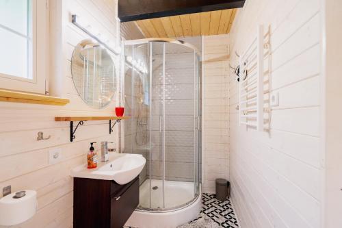 a bathroom with a sink and a shower at Black&White in Kołczewo