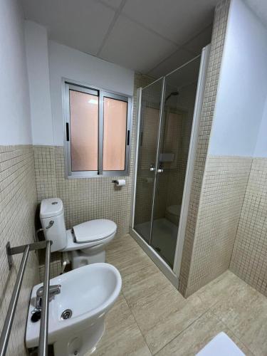 a bathroom with a toilet and a sink and a shower at Apartamento Almar PLAYA DE LEVANTE in Benidorm