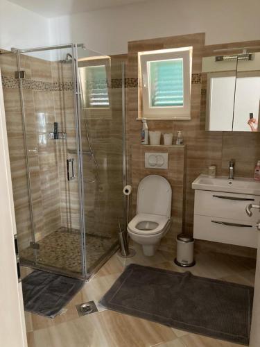een badkamer met een douche, een toilet en een wastafel bij Modern Seeview Apartment Maslenica with Free WIFI and Free PARKING in Maslenica