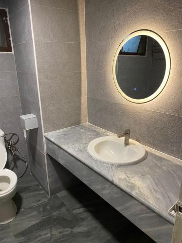 a bathroom with a sink and a mirror and a toilet at Copthorn Homestay in Brinchang