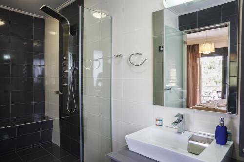 a bathroom with a shower and a sink and a mirror at Villa-Azalea in Almyrida