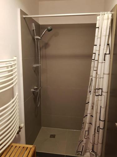 a shower with a shower curtain in a bathroom at Honfoglalas Apartment in Bük