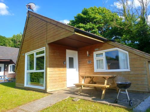 a small cabin with a picnic table and a grill at 19 the Coombe in Bude