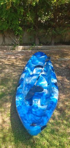 a blue boat is sitting on the grass at Captain Alex Villa 1 in Dafnila
