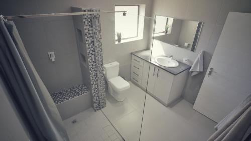 a bathroom with a shower and a toilet and a sink at Guest Suite, Lorraine Port Elizabeth in Lorraine