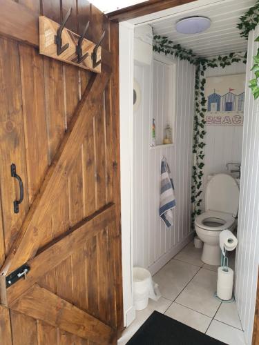 a bathroom with a sliding barn door and a toilet at Gower Pods in Penclawdd