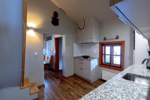 a kitchen with a sink and a counter top at Das Schmiedhaus in Kaprun