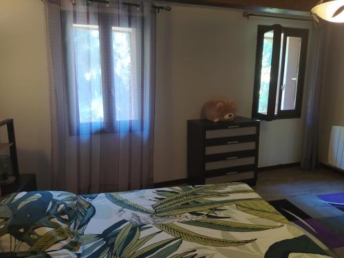 Schlafzimmer mit einem Bett, einer Kommode und Fenstern in der Unterkunft Vacances Et Weekends A Ceret in Céret