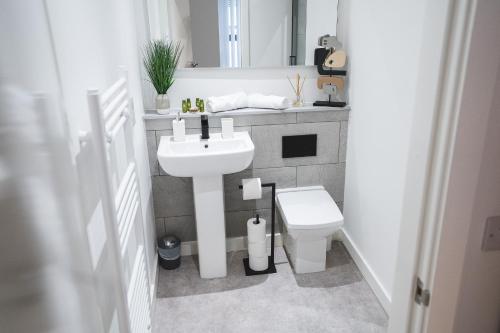 a bathroom with a white sink and a toilet at Birtin Works Apartments - Brand New - City Centre in Sheffield