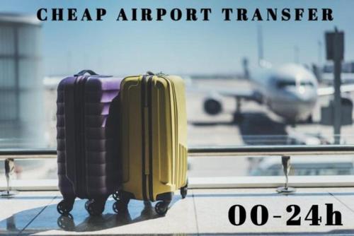 duas peças de bagagem sentadas na pista de um aeroporto em DREAM APARTMENTS em Surčin