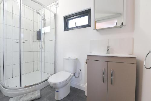 a bathroom with a shower and a toilet and a sink at Cheerful 1BD Cottage with Parking Nr Guildford in Guildford