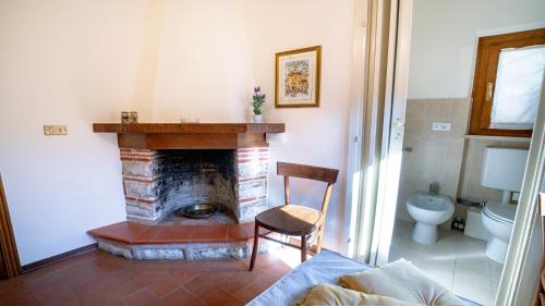 a living room with a fireplace and a toilet at Il Cottage di Patrizia in Lucca