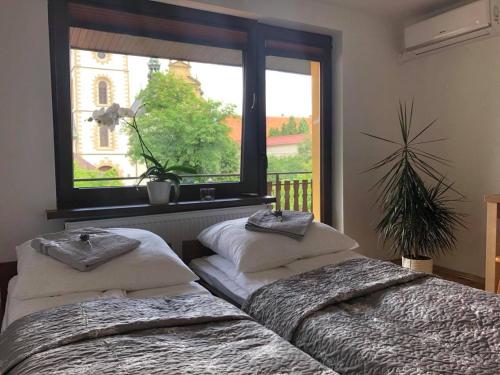 two beds in a room with a large window at Noclegi U Bram Klasztoru in Stary Sącz