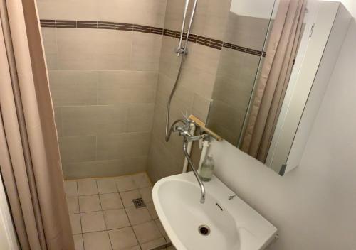 La salle de bains est pourvue d'une douche, de toilettes et d'un lavabo. dans l'établissement Eremitageparken, à Kongens Lyngby