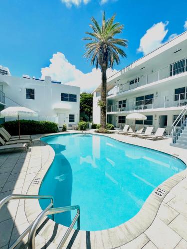 a swimming pool in front of a building with a palm tree at Aqua Hotel in Fort Lauderdale