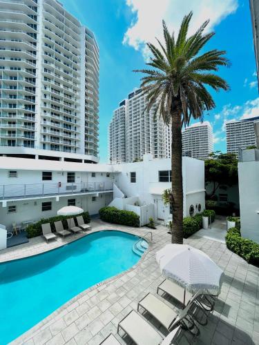 a pool with chairs and a palm tree and buildings at Aqua Hotel in Fort Lauderdale