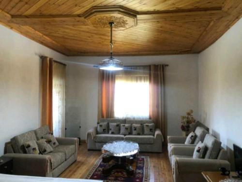 un soggiorno con divani e soffitto in legno di MiziriGuestHouse a Gjirokastër