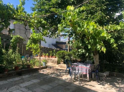 patio con tavolo e sedie sotto un albero di MiziriGuestHouse a Gjirokastër