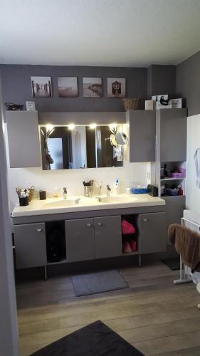 une salle de bain avec deux lavabos et un grand miroir dans l'établissement CHAMBRE DANS VILLA, à Mulsanne