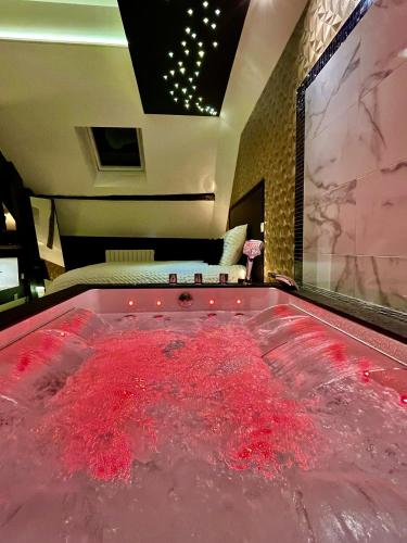 L'Intemporel Suite Spa في Champagne-sur-Oise: حوض استحمام ساخن ممتلئ بالسائل الأحمر في الغرفة