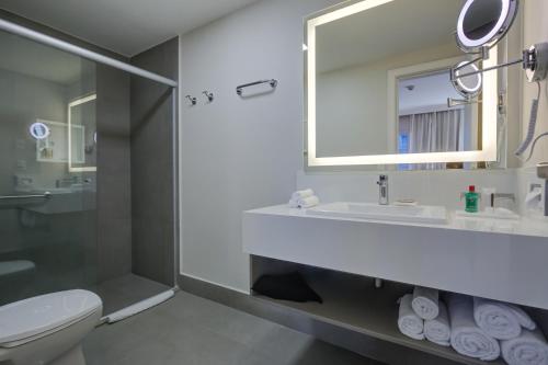 uma casa de banho com um chuveiro, um lavatório e um WC. em Park Inn by Radisson Berrini em São Paulo