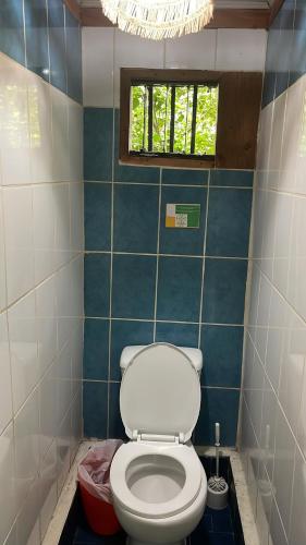 a bathroom with a toilet with a window and a chandelier at Orgánico Punta Riel in Cahuita