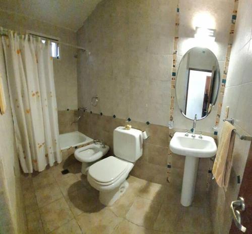 a bathroom with a toilet and a sink and a mirror at Excelente Depto para 4 pers en zona estratégica in Santiago del Estero