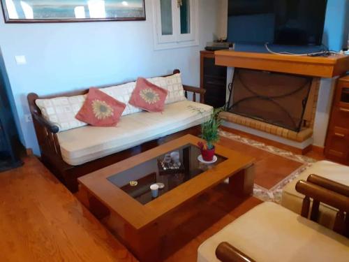 a living room with a couch and a fireplace at Borgo Majoca - Μονοκατοικία σε κυκλαδίτικο νησί in Mési
