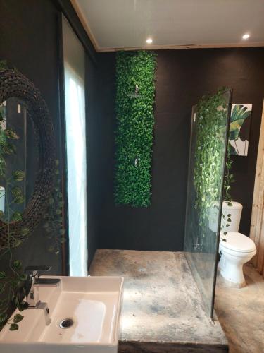 a bathroom with a green wall with a sink and a toilet at Vulture's View 8 in Hartbeespoort