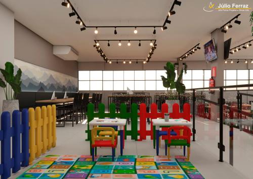 a rendering of a restaurant with colorful chairs and tables at HOTEL CONSAGRADO in Aparecida